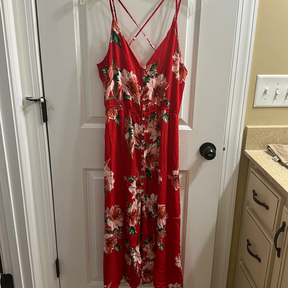 Rush Red Floral Sleeveless Maxi Dress with Front Button Detail